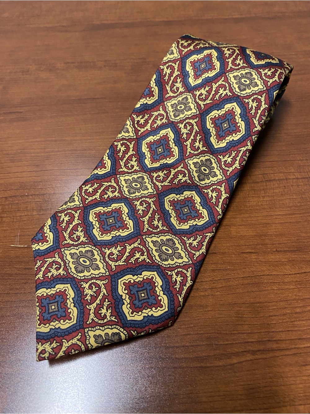 Fumagalli's Men's 100% Silk Designer Tie Red/Blue/Gold Geometric Logo Handmade